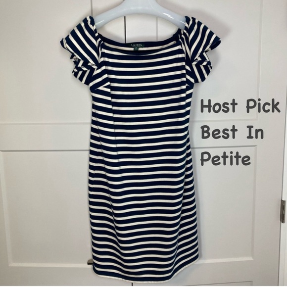 Ralph Lauren Rugby Stripe Knit Column Dress Ruffle Sleeve Petite Navy Cream NWOT - Picture 1 of 6
